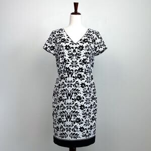 Ann Taylor Floral Black V-Neck Career Sheath Dress